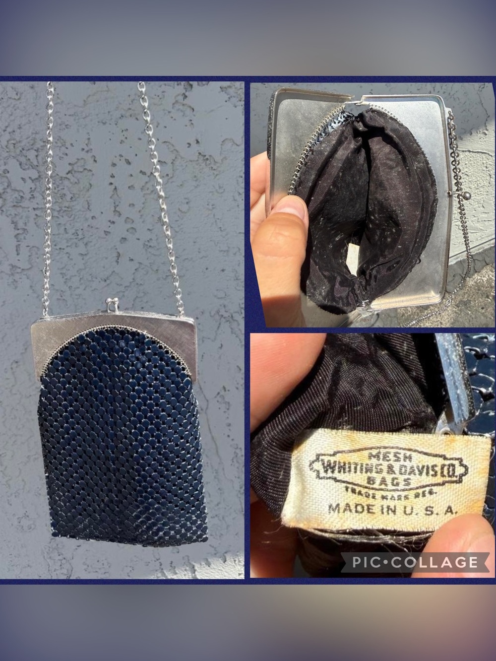 Vintage Whiting & Davis Navy Blue Evening Mesh Crossbody Bag - Silver Frame